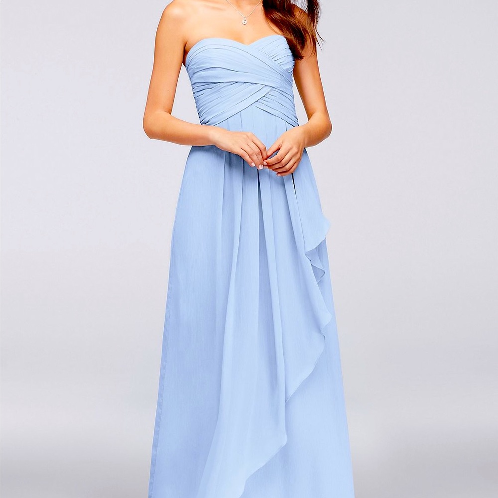 “ Ice Blue” crinkle chiffon dress with cascade skirt from David’s bridal.